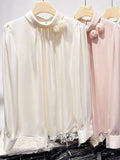 Fongt Temperament Shows Thin Three-Dimensional Flower Pure Color Set Jacket Female Spring New Long Sleeve Satin Simulation Silk Shirt-Outfit