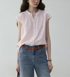 Fongt Round Collar Small Flying Sleeve Commuting Shirt Women 25 Summer French Loose Pressure Fold Design Sense Casual Good-Looking Top
