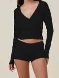 Women Pajama Sets 2pcs Loungewear Suits Solid Long Sleeve V-Neck T-shirts Crop Tops and Lace Shorts Sleepwear Outfits-Outfit