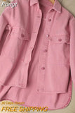 Women Pink Jeans Jacket Oversized Korean Style Single Breasted Chic Denim Coats Spring Autumn Cowboy Jackets