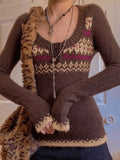 Button Front Jacquard Knitted Sweater-Outfit