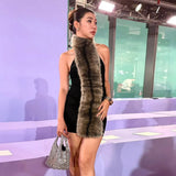 Fongt 2025 Autumn New Women's Sexy Hanging Neck Hairy Neck Stitching Bump Color Bag Hip Dress