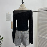 Fongt Breeze Butterfly Graffiti Mesh Patchy Texture Long-Sleeved T-Shirt Picties Short Repair Bodysuit 2753