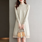 And Winter Lace Stitched Knitted Dress Femininity New Bottom Women's Medium-Length Loose Sweater Skirt-Outfit