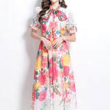 Fongt Famous Bow Tie With Lantern Sleeve High-Rise Dress Female Thin Elegant Print Dress
