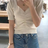Women 7 Colors Knitted Puff Sleeve Casual Solid Slim Sexy Ladies Tops Students Clothing Female Party Harajuku