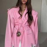Fongt Jacket Female High Sense 2025 Spring And Autumn Women's Temperament Commuting Waist Tie Cushion Shoulder Suit Jacket