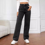 Fongt Burst Elastic Water Wash Denim Fashion Straight Trousers Trousers Trousers Trousers Women