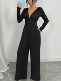 Fongt Women's Dark V Solid-Color Pit Strip Sexy Body-Snley Elegant Temperament Jumpsuit
