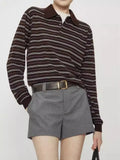 Fongt Summer New Temperament Thin Gentle And Comfortable Wash Wool Hit Striped Knitting Long-Sleeved Polo Shirt