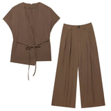 Fongt Women's 2025 Summer New Fashion Retro Waist Design Cardigan Top Broad Leg Trousers Set
