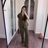 Fongt Explosion Women's Button Blouse Broad Leg Trousers Set