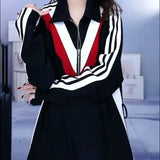 Contrasting Colors Spliced Long Dress Spring Autumn Turn-down Collar Female Clothing Stylish Zipper A-Line Waist Dresses-Outfit