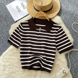 Fongt Knitted Women 2025 Summer South Korea Ins New Trendy Sleek Striped T-Shirt Women's Tops