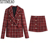 Women 2021 Fashion Double Breasted Tweed Check Blazers Coat Vintage Female Outerwear High Waist Skirt 2-piece
