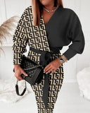 Independent Station Autumn Printed V-Collar Stylish Long-Sleeved Dress-Outfit