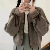 Fongt Retro Simple Temperament Knit Cardigan Female Sleeve Lace Spell Color Edge Single Breasted Soft Waxy Long Sleeve Jacket-Outfit