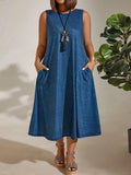 Fongt Plus-Size Women's Commuting Round Collar Solid Color Sleeveless Pocket