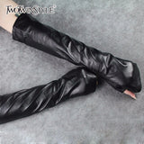 PU Leather Long Gloves Ladies Hole Black Arm Sleeve 2020 Spring Female Gloves Accessories Fashion
