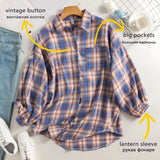 Arrival Women Vintage Plaid Oversized Blouse Batwing Sleeve Turn Down Collar Purple Shirt Button Up Casual Tops