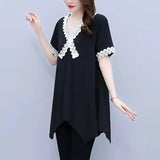 Solid Color Elegant V-Neck T-shirt Female Clothing Fashion Lace Spliced Summer Irregular All-match Short Sleeve Pullovers-Outfit