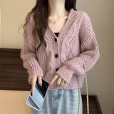 Autumn New Xiaoxiangfeng Solid Color Age-Reducing Casual Sweater Twist Loose V-Necked Cardigan-Outfit