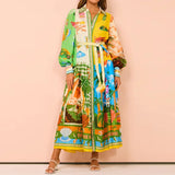 Fongt Women's Temperament Print Lantern Sleeve Belt Shirt Dress Dress Woman
