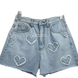 Fongt And Cute Hairy Heart Pattern Denim Shorts Women's Summer New High-Waisted Loose Thin Leg Shorts