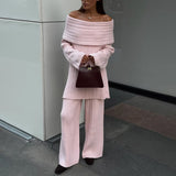 Fongt Selling A Word Shoulder Knitted Commuting Set Loose Top Broad Leg Trousers Simple High-Grade Gray Workplace Fashion