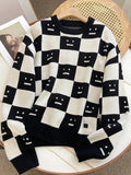 Women's Winter Sweaters Plaid Casual Loose Long Sleeve Pullover Knit Contrast Color Design Fashion Women Sweaters