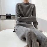 Fongt And Winter Solid Color Round Collar Open Fork Sweater Set Women's Loose Knitting Tops Broad Leg Pants Two Sets