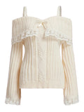 Women Off Shoulder Sweaters Long Sleeve Lace Patchwork Knitted Ribbed Pullovers Front Bow Jumpers Top Streetwear 2023-Outfit