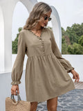 Vintage Front Button Ruffled A-line Dress Lantern Sleeve Deep V neck Solid High Street Mini Dress 2021 Autumn New