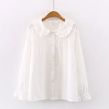 Spring New Women Peter Pan Collar Cotton White Shirt With Tie Long Sleeve Lace Blouse Autumn Solid Sweet Cute Girls Tops