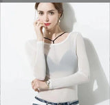 Fongt Elastic Tight Perspective Sexy Mesh Bottom Shirt Transparent Long Sleeve T-Shirt Women's Lace