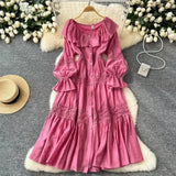 Fongt Retro Design Collar Lotus Side Splicing Single Buckle Horn Lace Lace Waist Dress Woman