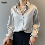 White Long Sleeve Shirts Tops Ladies Elegant Korean Office Shirt Fashion Button Up Satin Silk Shirt Blouse Women