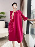 Patchwork 3D Flower Three Quarter Sleeve Single Breasted Pleated Solid Dress For Women 2024 Autumn Fashion New TH1217-Outfit