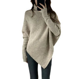 Fongt Winter Korean Version High Collar Hem Irregular Niche Design Sense Sweater Loose Lazy Wind Soft Waxy Knit Female Top-Outfit
