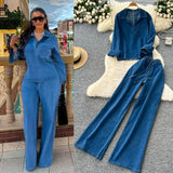 Fongt Wind High-End Retro Lapel Long-Sleeved Cowboy Topess 2025 Autumn Dress High-Waisted Casual Broad-Legged Straight Trousers