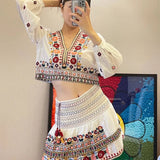 Fongt Women's Summer New Retro V-Neck National Style Embroidered Top + High-Waisted Cascade Skirt Set