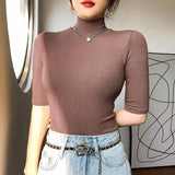 Women Half Turtleneck Slim Half Sleeve T Shirts Lady Threaded Fabric Elegant Stretchy Tops Tees Female Basic Sheath T-Shirt-Outfit