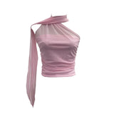 Fongt Shooting Mesh Ribbon Hanging Neck Folded Sleeveless Top Babes Two-Wearing Design Wrapping Bras 1125