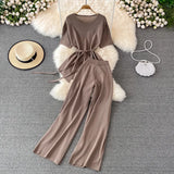 Fongt Suit Goddess Fan Irregularly Round Neck Knitted Top Two Sets Of High-Rise Thin Broad Leg Trousers