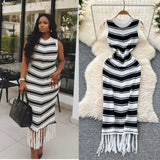 Fongt Fan Temperament Body-In-County-Necked Sleeveless Striped Knitted Dress Women's Summer Tight-Dled Ass Tuxedo Dress
