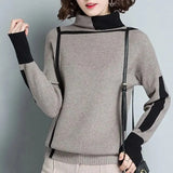 Female Stylish Solid Color Knitted Jumpers Autumn Winter Thick Warm Slim Bright Line Decoration Turtleneck Sweaters-Outfit
