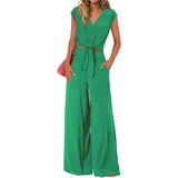 Fongt Women's Clothing 2025 New Summer V Tie With Open-Vum Wide Leg Trousers Casual Fashion Set