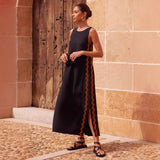 Fongt Spring And Summer New Casual Fashion Sleeveless Rounded Collar Solid Color Splicing Lace Fork In The Long Dress Woman