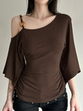 Fongt New Retro Stripe Shoulder Horn Sleeve T-Shirt Hottie Beaded Neck Small Repair Body