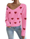 Fongt And Winter Valentine's Day Design Slid Love Embroidery V Collar Sweater Female Top